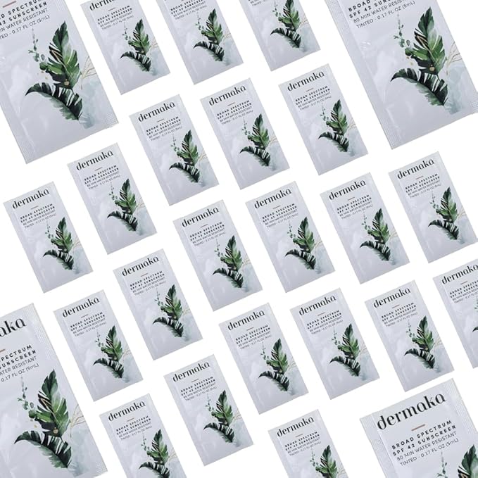Dermaka Travel Size Sunscreen SPF 42 for Face & Body – 2-in-1 Lightly Tinted Mineral Sunscreen with Zinc Oxide & Titanium Dioxide – Skin Soothing, Water-Resistant 80 Min, 5ml 25 sachets