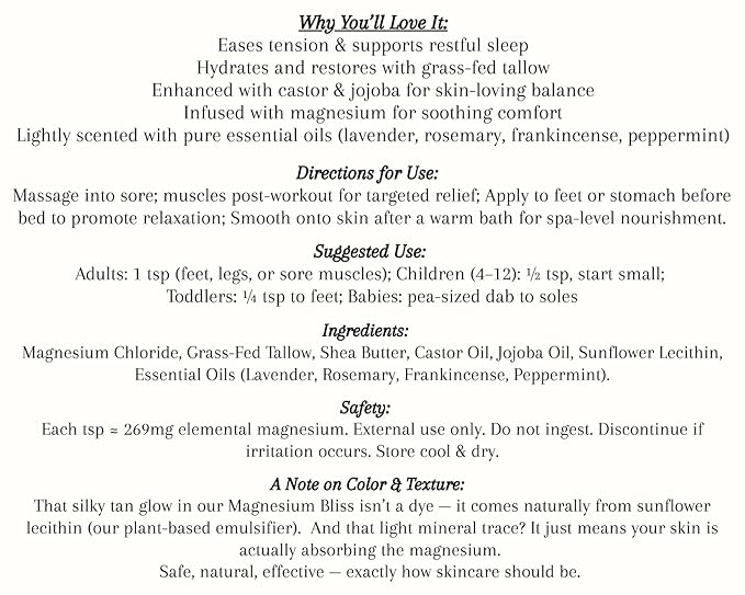 Magnesium Bliss Lotion – Magnesium Muscle Relief Lotion with Grass-Fed Tallow, Castor Oil & Shea Butter – Natural Hydrating Magnesium Cream for Sleep, Relaxation & Daily Skincare