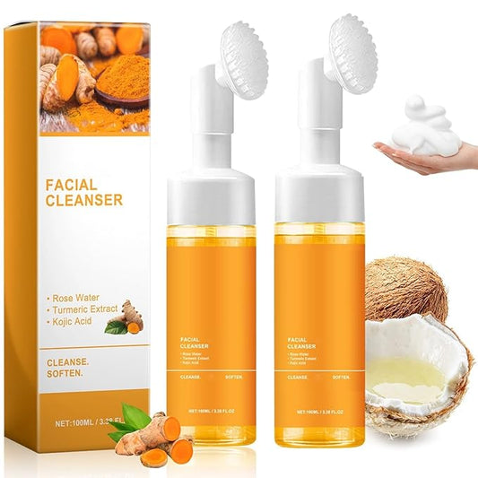 2 Pcs Turmeric Facial Cleanser, Glow Wash Turmeric Face Wash With Brush, Deep Cleansing Exfoliating for Women All Skin.