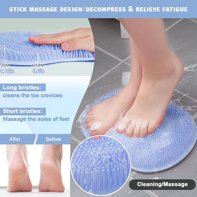 1 Pcs Shower Back & Foot Scrubber, Wall Mounted Back Scrubber Silicone Bath Massage Cushion Brush with Suction Cups, Bathroom Wash Mat Exfoliating Dead Skin Brush (L-Grey)