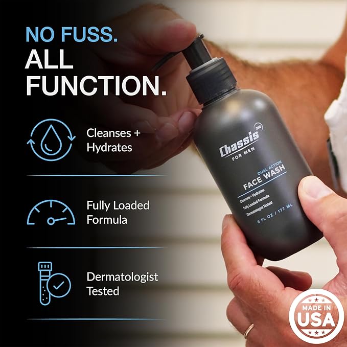 Chassis 360 Dual Action Face Wash - Hydrating & Oil Control Men's Face Wash with Niacinamide, Vitamin C & Hyaluronic Acid - Free From Phthalates, Parabens & Sulfates - Unscented Cleanser - 6 Fl Oz