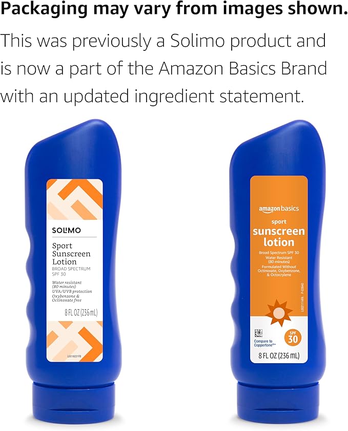 Amazon Basics Sport Sunscreen Lotion SPF 30, Water Resistant (80min), Formulated without Octinoxate & Oxybenzone, Broad Spectrum UVA/UVB Protection, 8 Fluid Ounce