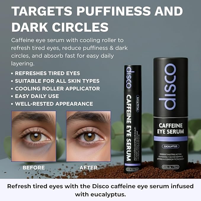 Disco Eye Serum, 12% Caffeine 8% Hyaluronic Acid, Niacinamide Peptides, Puffy Bags Fine Lines Dark Circles Wrinkles, Eucalyptus - Moisturizing Vitamin C 360° Roller Massage Ball Anti-Aging Cream 0.5oz