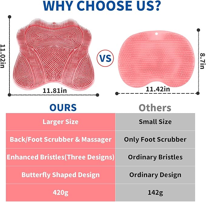 Show Foot Scrubber Mat & Silicone Back Scrubber with Butterfly Form Design,3 Brush Designs for Deep Cleaning Shower Foot Scrubber Mat, Wall Mounted Back Scrubber Silicone Bath(Pink)