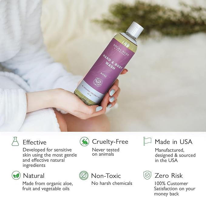 SoCal Suds & Company - 12oz Organic Soap Liquid, Gentle Hand & Body Wash, Organic Body Wash for Men and Women, Made w/Organic Oils & Coconut Oil, Bath Essentials for All Skin Types - Rose