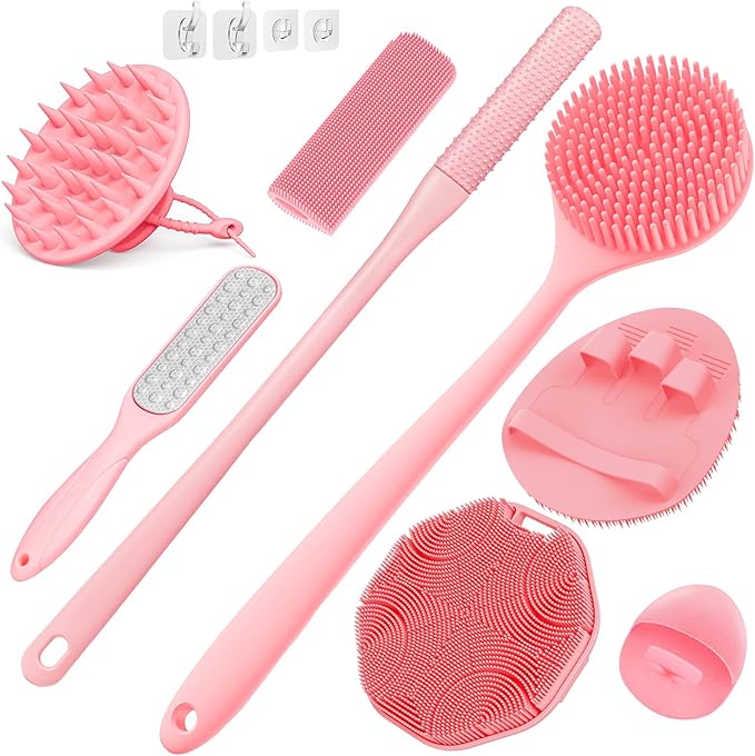 Manmihealth Silicone Back Scrubber & Soft Shower Brush, Silicone Scalp Massager, Toe Cleaning Brush Set 8 PCS, Body Foot Scrubber & Shampoo Brush Combination, with 4 Free Hooks (Style 1 Pink)