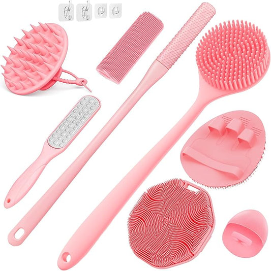 Manmihealth Silicone Back Scrubber & Soft Shower Brush, Silicone Scalp Massager, Toe Cleaning Brush Set 8 PCS, Body Foot Scrubber & Shampoo Brush Combination, with 4 Free Hooks (Style 1 Pink)