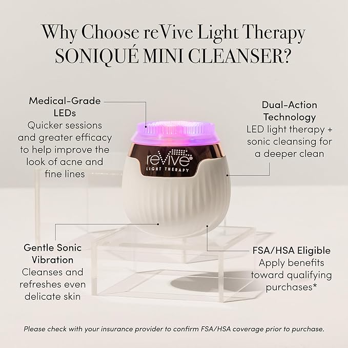 Revive Light Therapy Lux Collection Soniqué Mini, Rechargeable Sonic Face Cleanser Brush with Medical-Grade Blue & Red Light Therapy for Face, Acne & Wrinkle Care, Water-Resistant