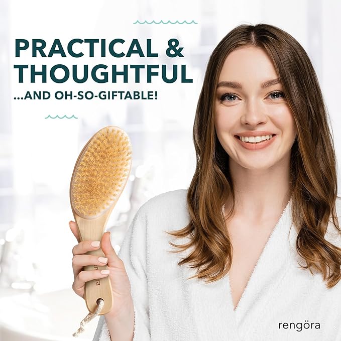 Dry Brushing Body Brush, Body Scrubber Dual-Use for Wet/Dry Exfoliating, Great for Lymphatic Drainage, Natural Boar Bristles, Ergonomic Handle, Makes a Nice Gift by Rengora