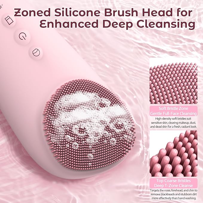 2 in 1 Electric Face Scrubber Silicone Facial Cleansing Brush, Exfoliator Scrubber & Skin Spatula Pore Cleaner Blackhead Remover Tools, Waterproof Face Brush Exfoliating Deep Cleaning Massager, Pink