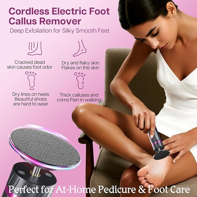 Professional Electric Foot Callus Remover, 9-Speed Cordless Foot File with Reusable Nano Glass Heads & Sandpaper for Dead Skin Removal and Smooth Feet