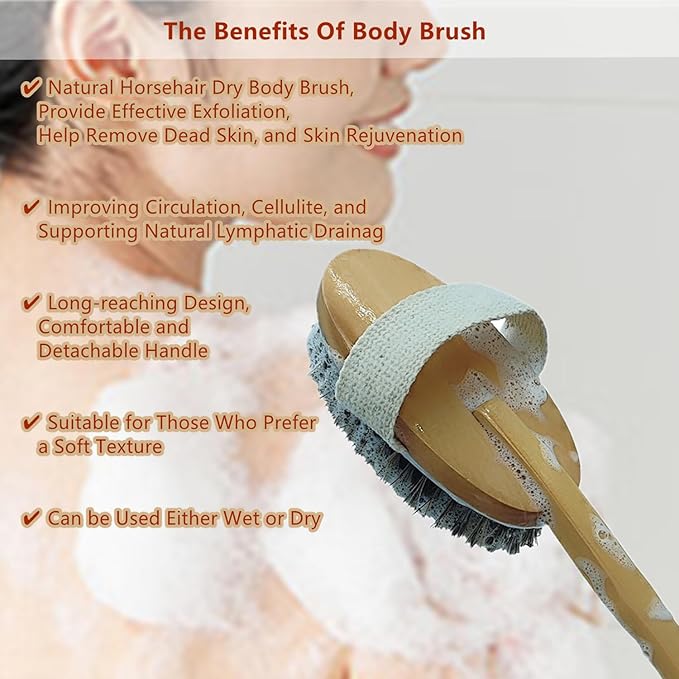 Dry Brushing Body Brush Set, Exfoliating Back Scrubber and Natural Lava Pumice Stone Brush for Feet, Horsehair Shower Brush Long Handle Detachable for Cellulite Lymphatic Improvement