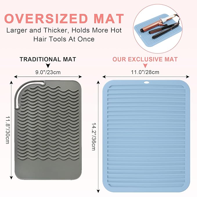 AMIJEAL Oversize Silicone Heat Resistant Mat for Hair Tools, Curling Iron Flat Iron Hair Straightener Holder Mat, Portable Hot Tools Cover Pad for Travel Vanity Salon(14.2" x 11.0")