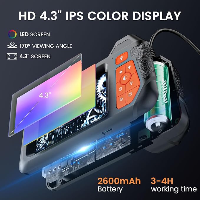 32.8FT Flexible Borescope Camera- 4.3" 1280P HD, IP67 Waterproof Industrial Endoscope Camera for Sewer/Automotive Pipe/Wall Inspection,1pack