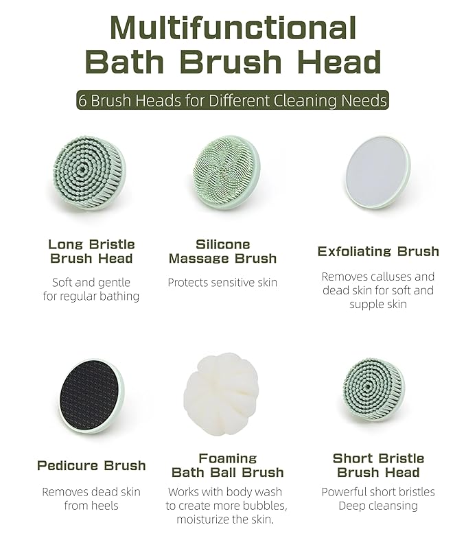 Electric Body Brush Back Scrubber for Shower, IPX6 Water Proof Bath Brush with Long Handle, 6 Heads 3 Speeds Rechargeable Electric Spin Scrubber for Cleanse, Massage, Exfoliate