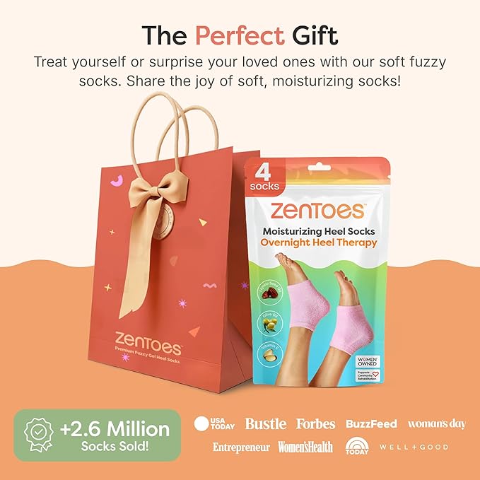 ZenToes Moisturizing Socks for Cracked Heel Treatment, Vitamin E, Olive Oil and Jojoba Oil Heel Socks, Stocking Stuffers for Women, Spa Self Care Gifts for Women (Fuzzy Pink, Regular)