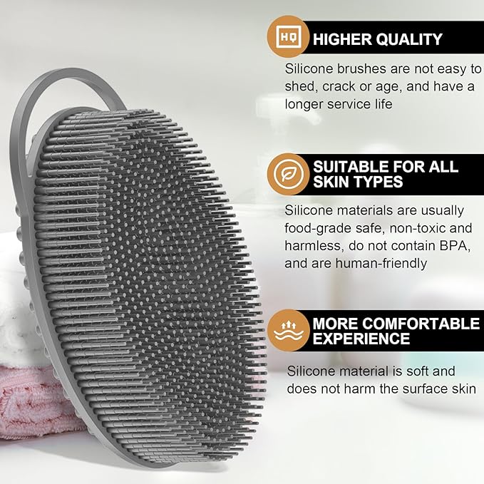 Metene Silicone Exfoliating Body Scrubber with Loop, Body Scrubber for Men and Women, Silicone Loofah for Shower, Soft Silicone for Shower and Bath Skincare Routine (Gray)