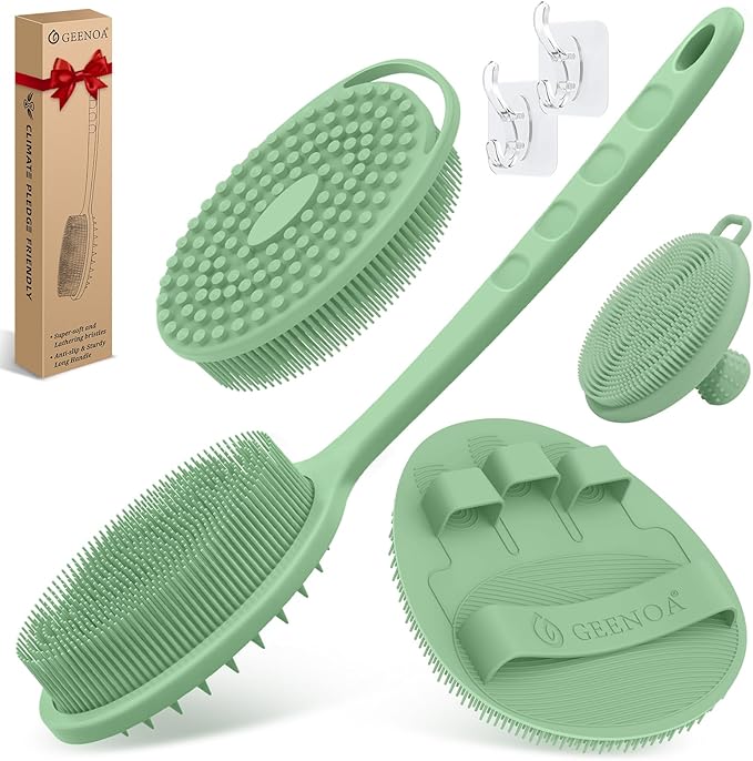 Silicone Back/Body/Face Scrubber & Soft Bath Glove Set 4PCS, Gentle Exfoliating Back & Body Scrubber with Dual-Side Brush Head, Hand-fit Bath Glove & Face Scrubber for Deep Cleaning(Green-4PC)