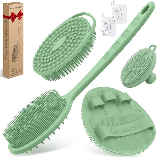 Silicone Back/Body/Face Scrubber & Soft Bath Glove Set 4PCS, Gentle Exfoliating Back & Body Scrubber with Dual-Side Brush Head, Hand-fit Bath Glove & Face Scrubber for Deep Cleaning(Green-4PC)