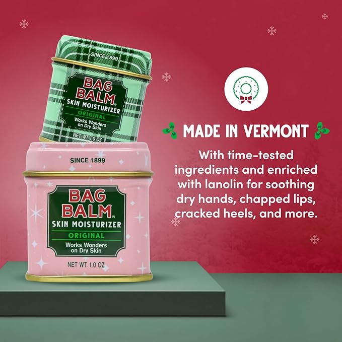 Bag Balm Mini Tin Holiday Gift Set – Bundle of 4 Limited Edition Tins (Red Star, Pink Star, Green Plaid, Red Plaid) – Multi-Use Moisturizing Balm for Dry Skin, Lips, Hands and Winter Hydration
