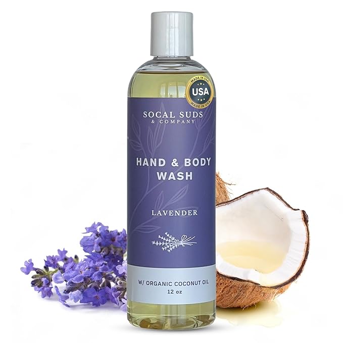 SoCal Suds & Company - 12oz Organic Soap Liquid, Gentle Hand & Body Wash, Organic Body Wash for Men and Women, Made w/Organic Oils & Coconut Oil, Bath Essentials for All Skin Types - Lavender