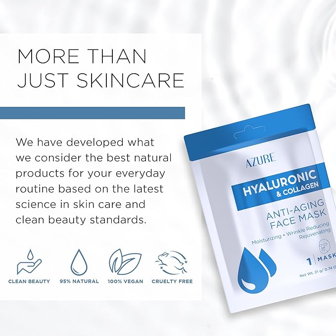 Azure Cosmetics Hyaluronic Acid & Collagen Anti Aging Sheet Facial Mask - Rejuvenating & Moisturizing Face - Helps Reduce Fine Lines & Wrinkles, Tightens & Smooths - Made in Korea - Pack of 5