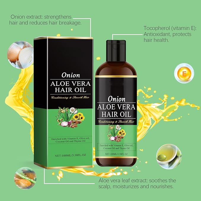 Nourishing Onion & Aloe Vera Hair Oil for Smoothing and Shine - Moisturizing Hair Treatment for Dry, Damaged Hair, Supports a Healthy-Looking Scalp and Hair Appearance (1 Pack)