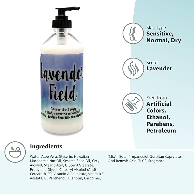 The Lotion Company 24 Hour Skin Therapy Lotion, Full Body Moisturizer, Paraben Free, Made in USA, Lavender Fields Relaxing Fragrance, w/ Aloe Vera, 16 Ounces