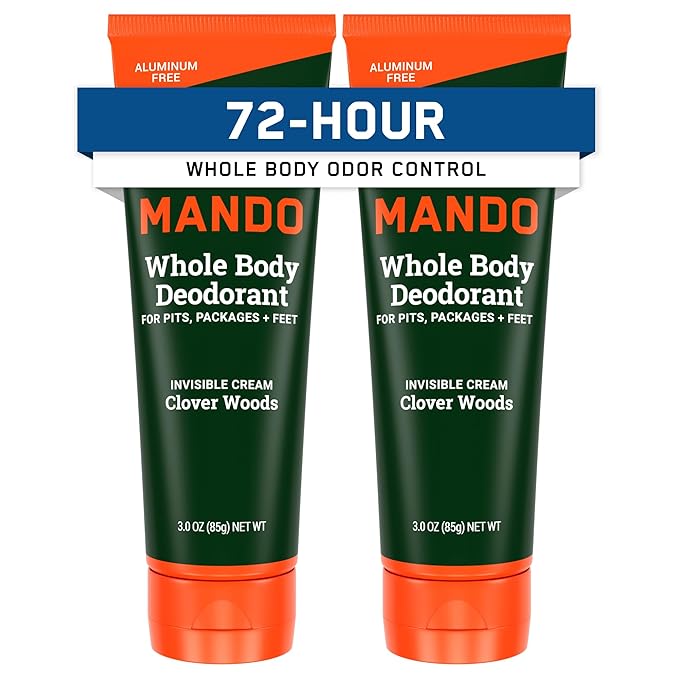 Mando Whole Body Deodorant For Men - Invisible Cream - 72 Hour Odor Control - Aluminum Free, Baking Soda Free, Skin Safe - 3 Ounce Tube (Pack of 2) - Clover Woods