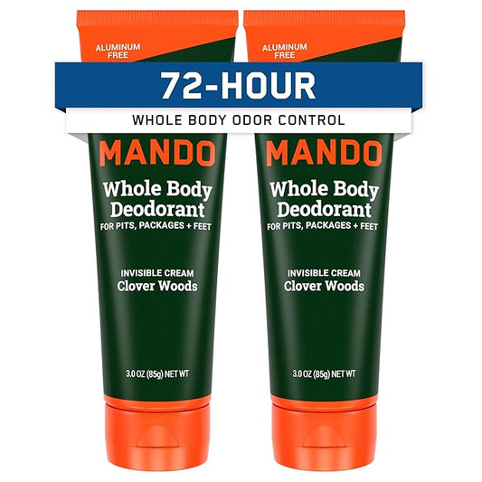 Mando Whole Body Deodorant For Men - Invisible Cream - 72 Hour Odor Control - Aluminum Free, Baking Soda Free, Skin Safe - 3 Ounce Tube (Pack of 2) - Clover Woods
