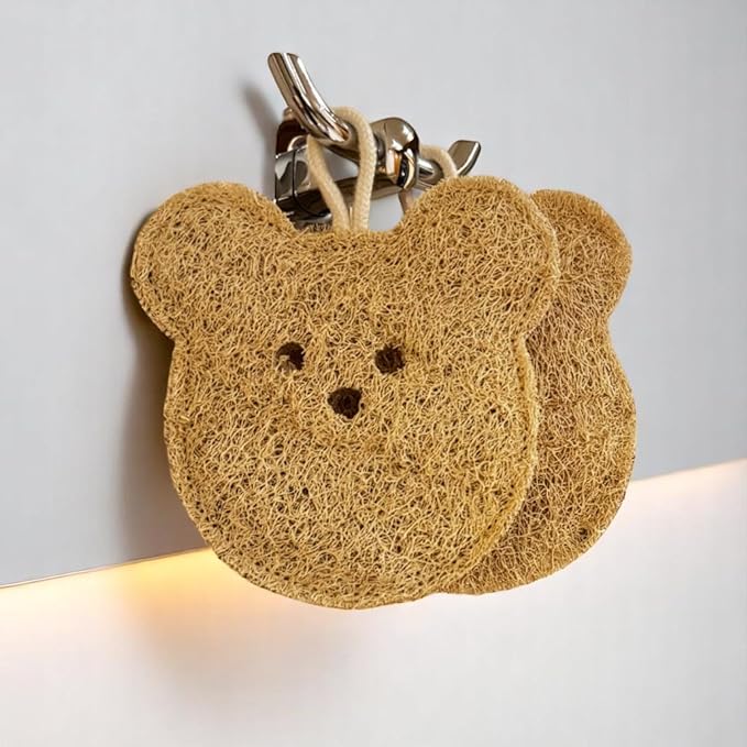 Natural Bear Shape Loofah Sponge, Exfoliating Body Scrubbers (2 Pack), Biodegradable Bath Loofahs Sponge, Gentle, Chemical-Free Bath & Body Loofah for Women, Men and Kids, Made with Natural Loofah
