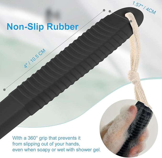 VANZAVANZU Back Scrubber for Shower, Bath Brush with 17-Inch Long Anti-Slip Handle, Wet and Dry Brushing Body Brush for Body Cleansing, Back Brush for Men and Women (Black)