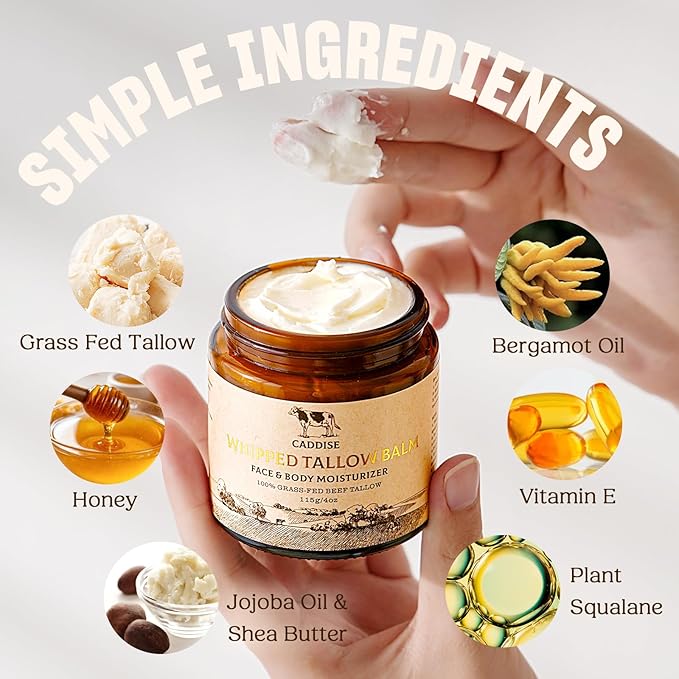 Whipped Beef Tallow for Skin – 100% Grass-Fed Handmade Cream Moisturizer for Face & Body, Natural with Honey, Shea Butter, Jojoba Oil, Non-Greasy, Nourishing for Men, Women, Kids, 4 Oz