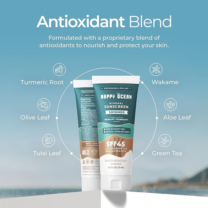 SPF 45 Shimmer Mineral Sunscreen with Non-Nano Zinc Oxide for Face and Body, Natural Sparkling Finish Reef Safe Sunscreen, Travel Size, Non-toxic, Biodegradable, Water Resistant, 2.5 Fl oz