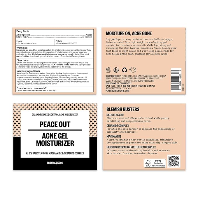 PEACE OUT Skincare Acne Gel Moisturizer, For Daily Facial Use with Salicylic Acid & Niacinamide, Boost Hydration and Help Prevent Acne & Blackheads, for Men & Women, 1.69 fl oz