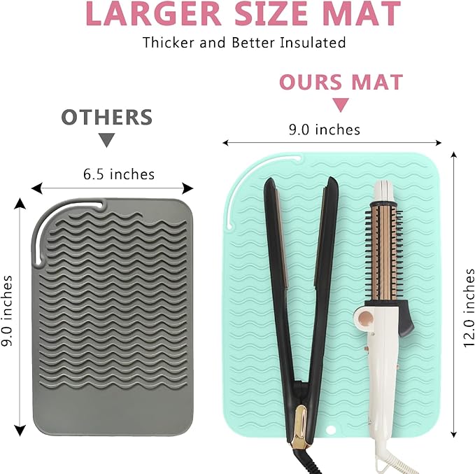 Larger Size Silicone Heat Resistant Mat for Curling Irons, Flat Irons, Hair Straightener and Other Hair Styling Tools, Portable Hot Tools Pad Cover for Travel Vanity Salon(12.0" x 9.0")