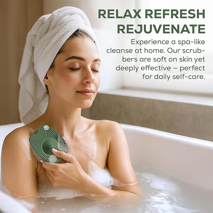 Silicone Body Scrubber - Gentle Exfoliating Shower Brush with Suction Handle & Hook, Soft Loofah Alternative for Men, Women, All Skin Types - Sage Green