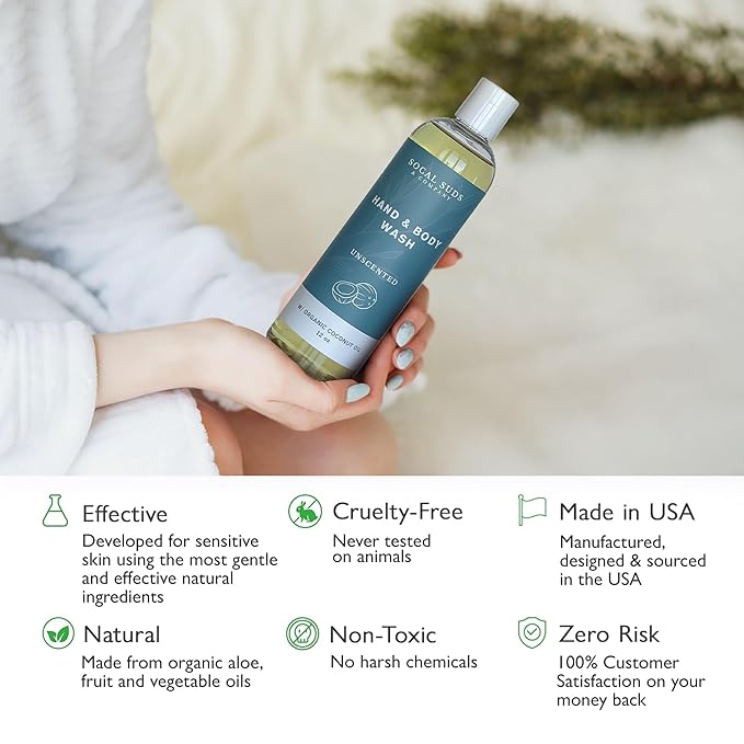SoCal Suds & Company - 12oz Organic Soap Liquid, Gentle Hand & Body Wash, Organic Body Wash for Men and Women, Made w/Organic Oils & Coconut Oil, Bath Essentials for All Skin Types - Fragrance-Free