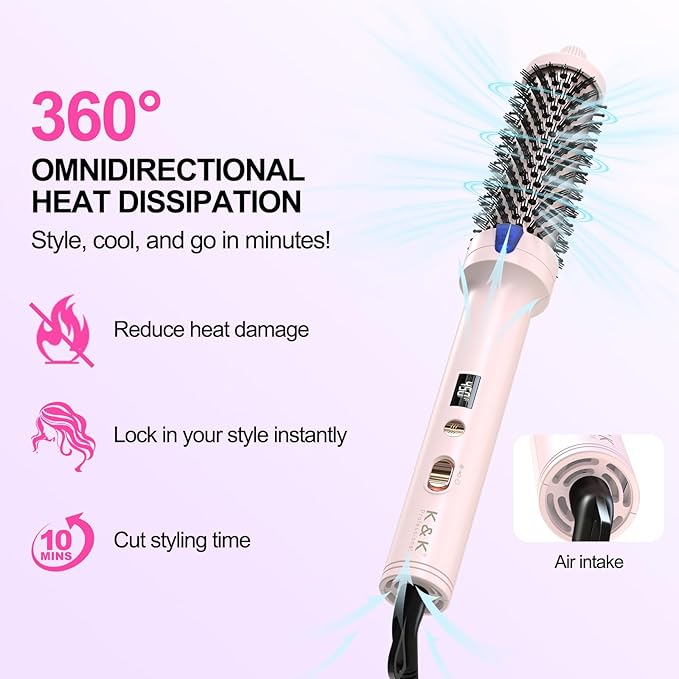 K&K 1.5 inch Blowout Look -Thermal Brush Creates Root Volume & Loose Curls Volume Curls Dual Voltage Cool-AIR TECH Hair Styling Tool