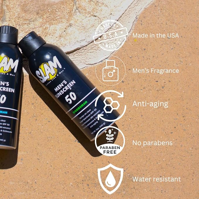 SLAM WoodsMan Men's Scented Sunscreen Spray SPF 50 – Broad Spectrum Sun Screen for Face & Body, Waterproof & Sweat Resistant Spray Sunscreen SPF 50, UVA/UVB Protection, Mens Sunblock