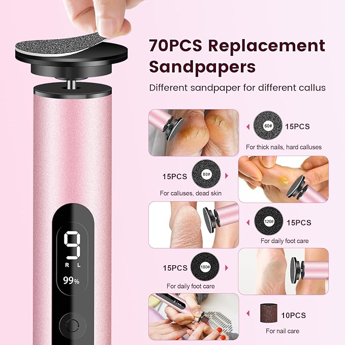 Electric Foot Callus Remover with LED Battery Level & 9-Speed Control Display. Callus Remover for Feet with Wireless Charger, Multi-sandpape (70 Sheets) & Nano Glass Head for Dead Skin (Pink)
