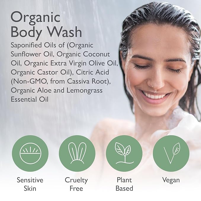 SoCal Suds & Company - 12oz Organic Soap Liquid, Gentle Hand & Body Wash, Organic Body Wash for Men and Women, Made w/Organic Oils & Coconut Oil, Bath Essentials for All Skin Types - Lemongrass