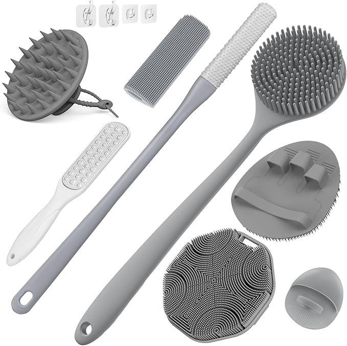 Manmihealth Silicone Back Scrubber & Soft Shower Brush, Silicone Scalp Massager, Toe Cleaning Brush Set 8 PCS, Body Foot Scrubber & Shampoo Brush Combination, with 4 Free Hooks (Style 1 Gray)
