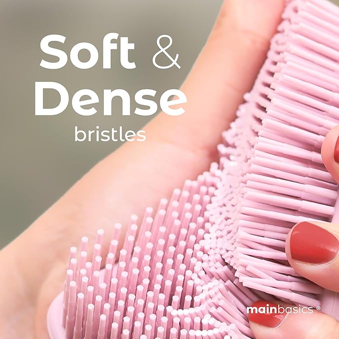 MainBasics Silicone Body Scrubber – Dual-Sided Shower Exfoliator for Men & Women, Gentle Silicone Loofah Alternative for Deep Clean (Pink, Exfoliate)