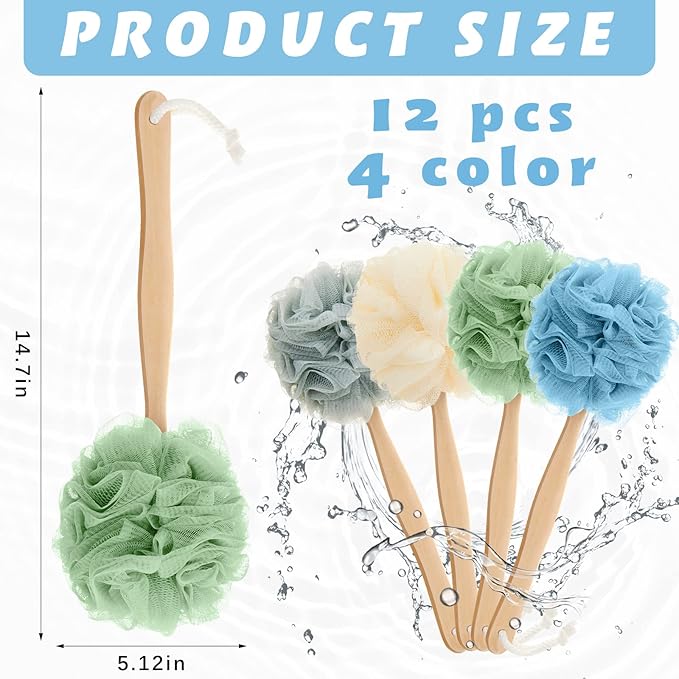 Tessco for you 12 Pcs Large Loofah on a Stick Shower Loofah with Long Handle Back Scrubber for Shower PE Body Bath Sponge Soft Spa Mesh Brush Wash Exfoliating Luffas for Men Women(Dark Color)