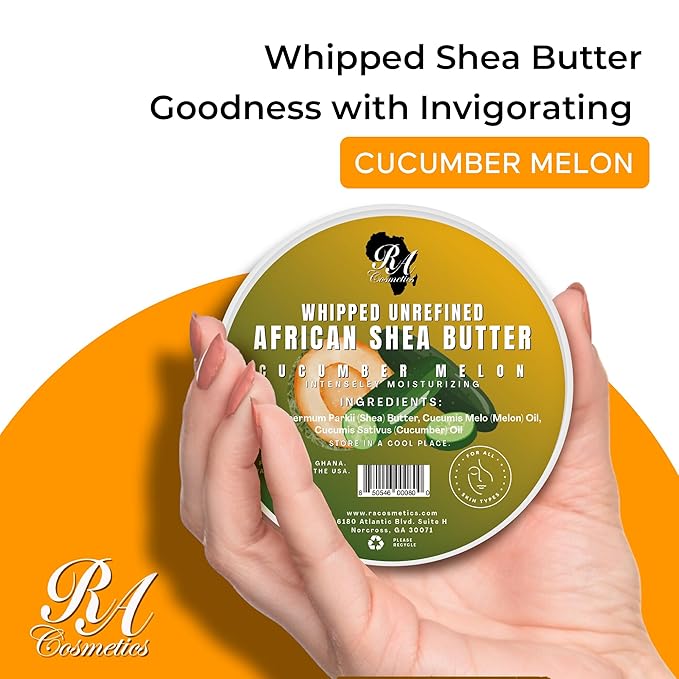 RA COSMETICS Whipped Shea Butter Cucumber-Melon - 12oz | 100% Pure & Natural African Shea Butter for Men & Women - Ultimate Handcrafted Moisturizer with Essential Vitamins for Radiant Skin