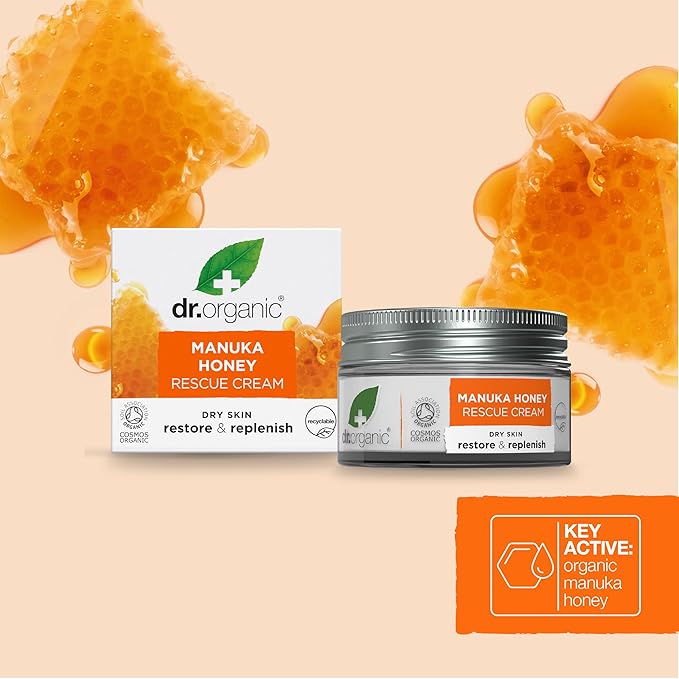 Dr. Organic Manuka Honey Rescue Cream | Nourishing and Soothing Face Cream for Dry Skin, Intensive Hypoallergenic Emollient, Certified Organic, Paraben & SLS-Free, Natural, 50 ml / 1.7 fl oz