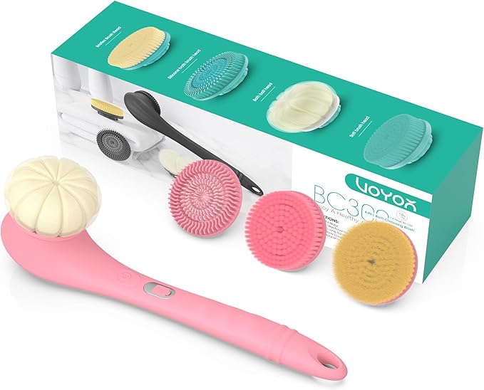 VOYOR Electric Body Brush Back Scrubber Silicone Body Scrubber Two-Way Rotating Brush Head for Deep Cleaning, Exfoliation, 4 Attachments Long Handle IPX6 Rechargeable Shower Brush BC300 (Pink)