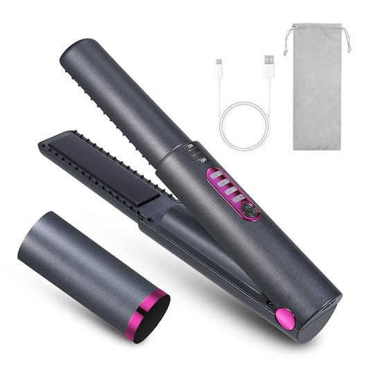 Cordless Hair Straightener and Curler 2 in 1, Portable Mini Ceramic Flat Iron, 5000mAh Battery, USB-C Rechargeable, Quick Heat Up, Travel-Friendly Hair Styling Tool, Gray