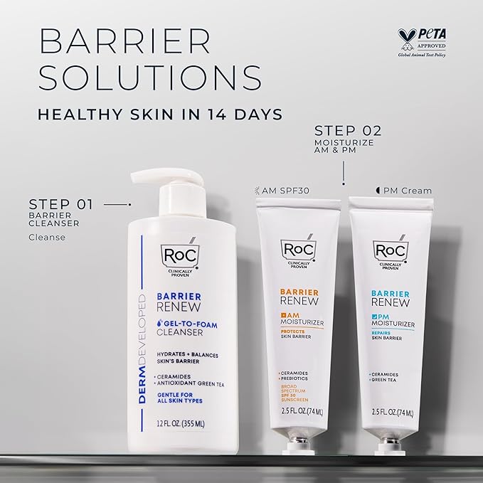 RoC Barrier Renew Gel to Foam Non Drying Foaming Facial Cleanser to Hydrate Skin, facial cleanser for sensitive skin, 12 Ounces